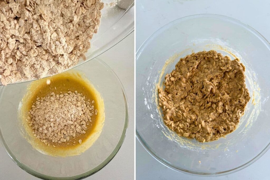 Two photos to show adding dry ingredients to wet, and mixed dough for sourdough honey oat cookies.