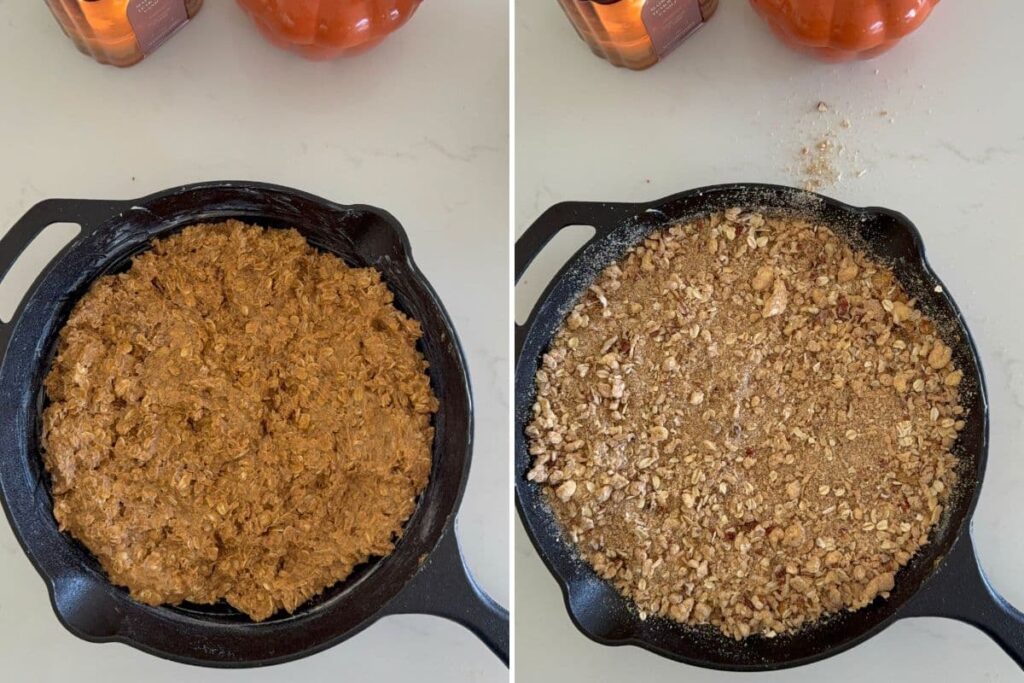 Two photos to show cookie dough in a cast iron skillet - one with streusel topping and one without - to make a sourdough oatmeal pumpkin cookie skillet.