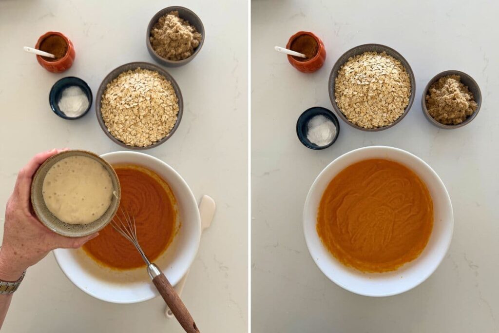 Two photos to show adding sourdough starter to batter for sourdough pumpkin pie baked oatmeal and mixing.
