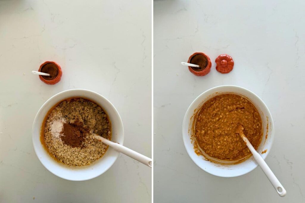 Two photos to show adding dry ingredients to the wet to mix the batter for sourdough pumpkin pie baked oatmeal.