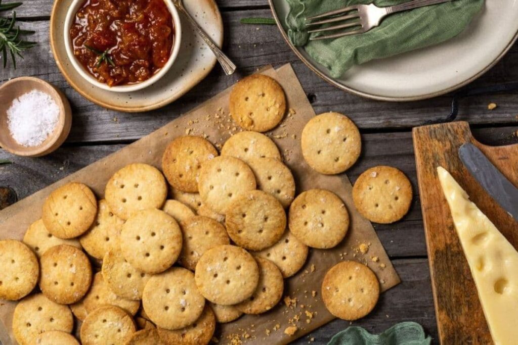 Sourdough Ritz crackers on a piece of parchment paper next to salt, a dip and a wedge of cheese for serving.