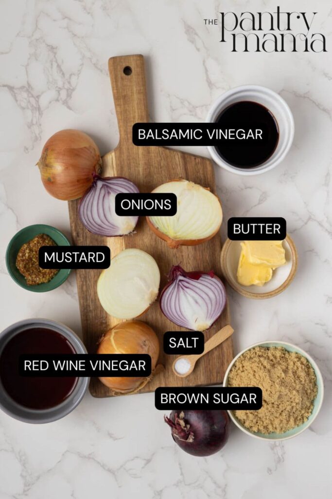Labeled ingredients on counter for caramelized onion relish.