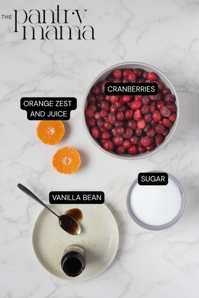 Flat lay of ingredients necessary to make Cranberry and Vanilla Jam.