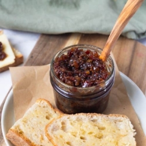 Close up of a jar of bacon jam.