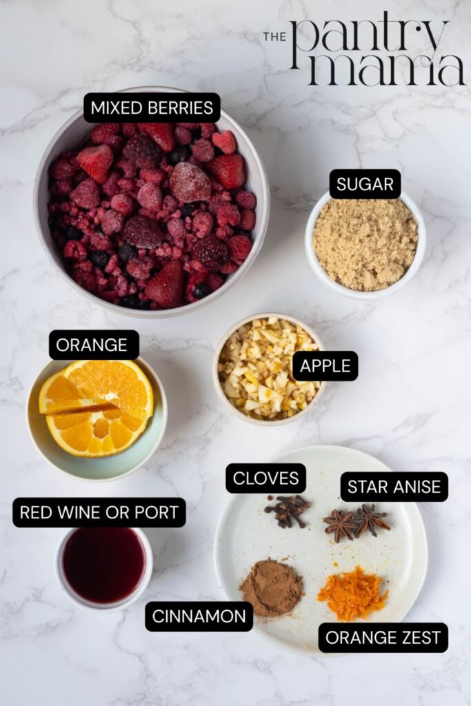 Flat lay of ingredients necessary to make Mulled Berry Jam.