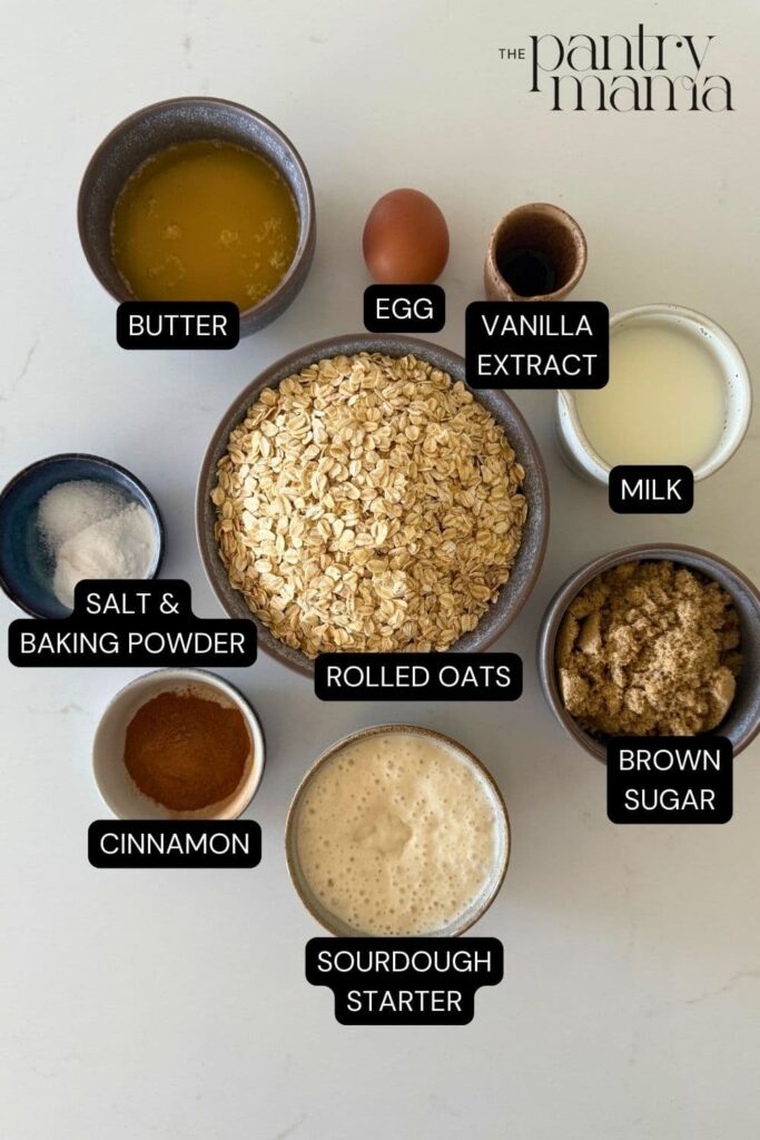 Labeled ingredients on a counter to make sourdough baked oatmeal.
