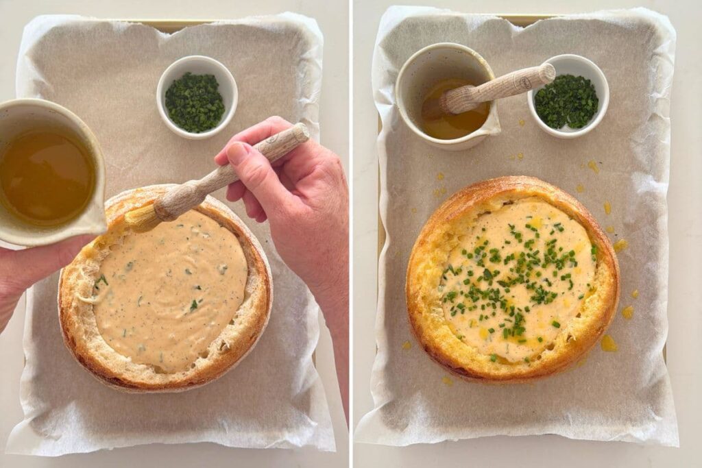 Two photos to show adding cheese mixture into a bread bowl, brushing a butter olive oil mixture on the outside and topping with fresh herbs to bake a sourdough cheese and garlic cobb loaf dip.