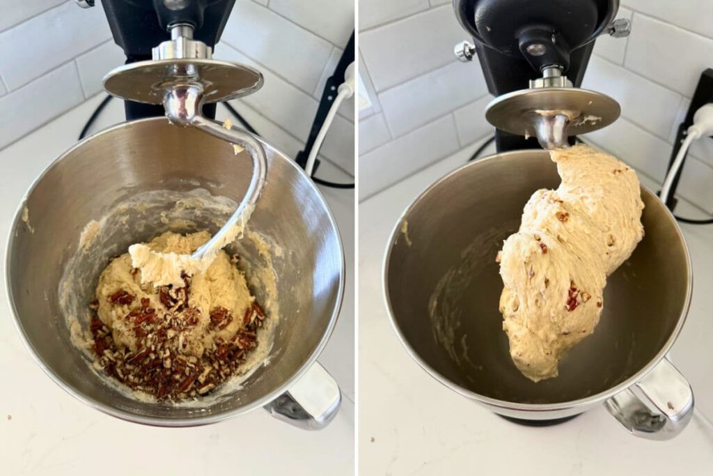 Two photos to show adding pecans to the dough for a sourdough maple pecan twist loaf.