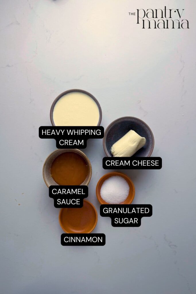 Labeled ingredients on a counter for whipped caramel dip.