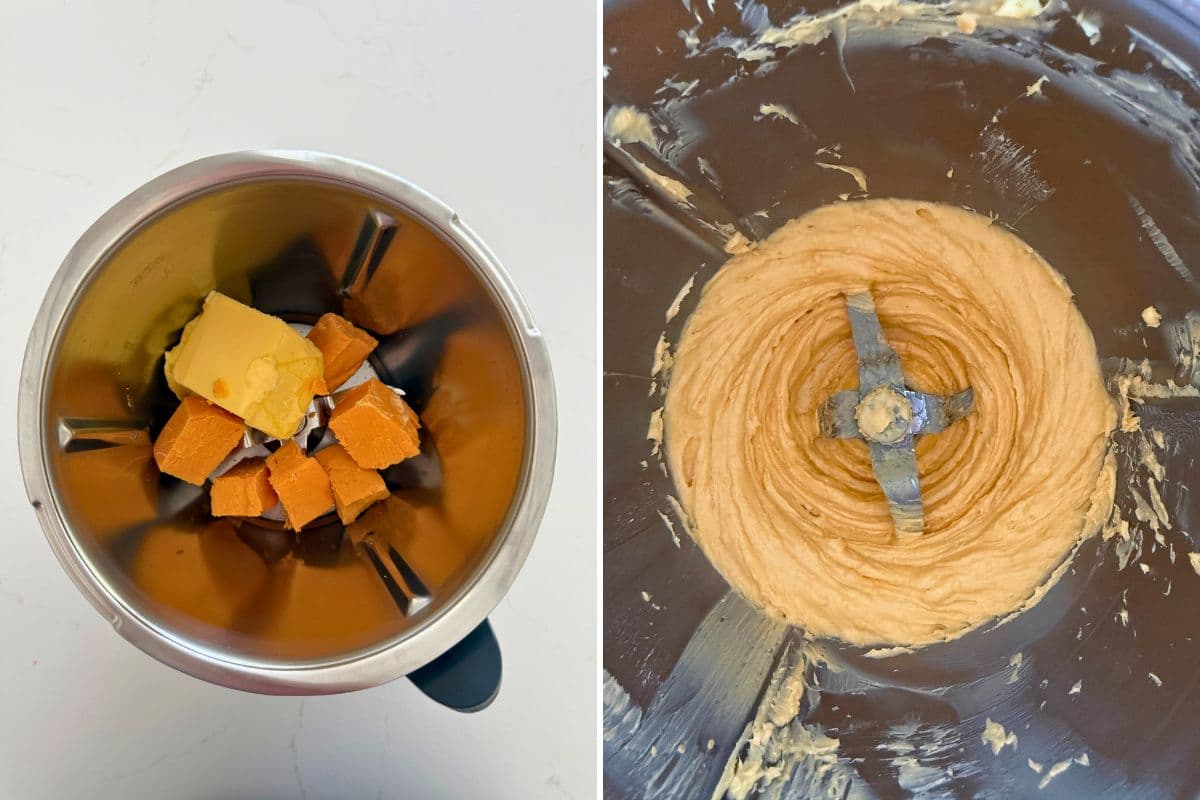 Two photos to show how to make cheddar butter including adding cheddar and butter into the food processor, and what it likes when it's mixed in the food processor.