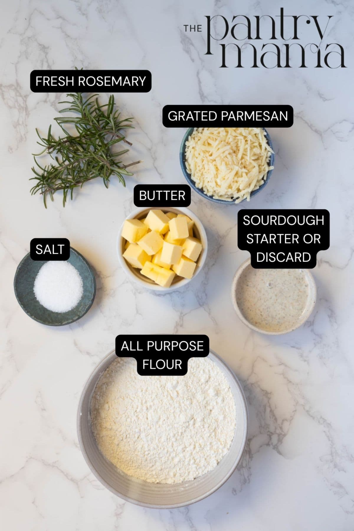 Labeled ingredients on counter to make sourdough discard rosemary and parmesan shortbread.