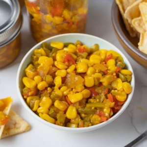 Close up of a bowl of corn relish.