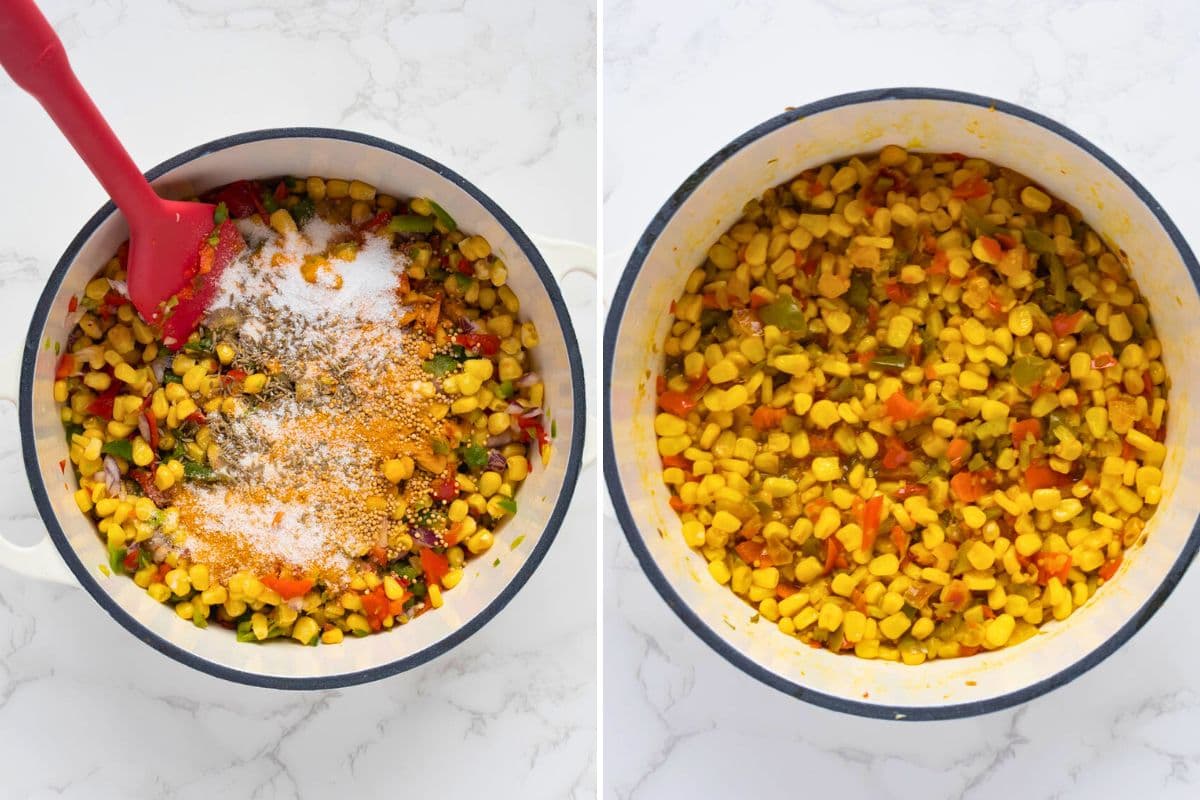 Two photos to show how to make corn relish including adding ingredients to a pot and what the ingredients look like once cooked down.