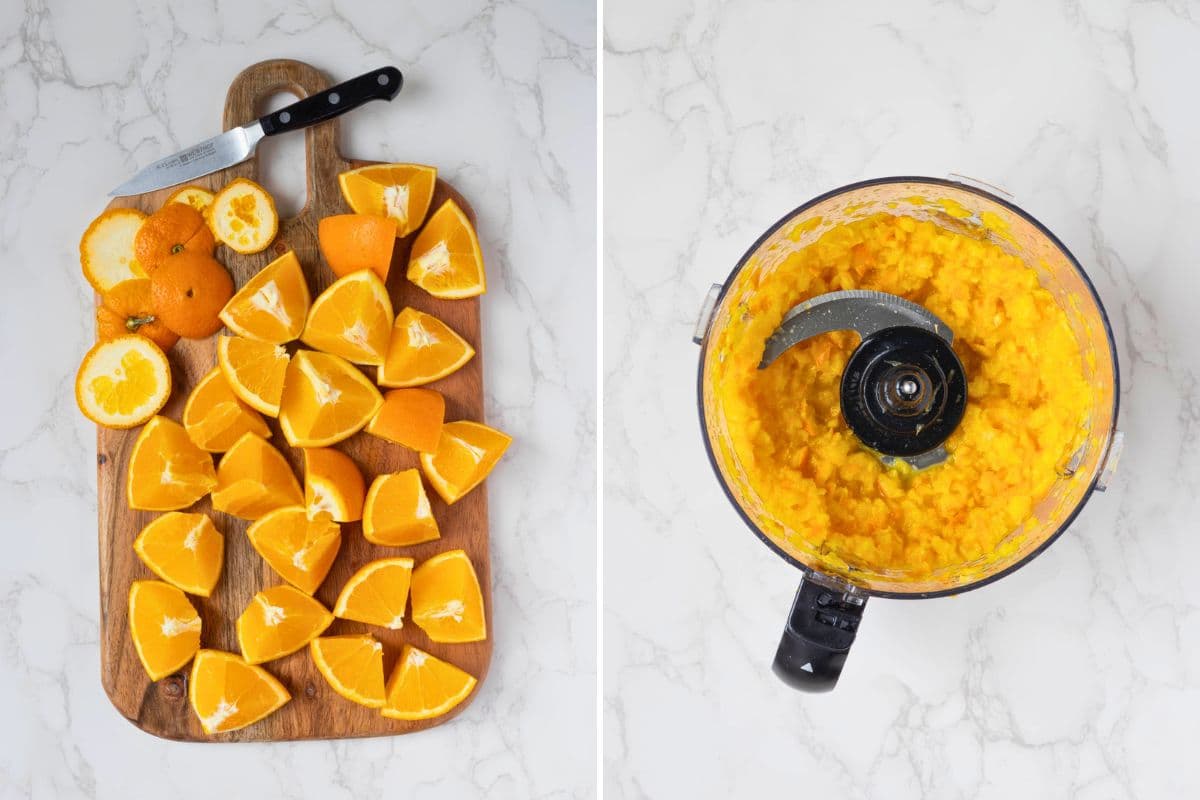 Two photos to show how to make shortcut orange marmalade, including chopped oranges on a cutting board and the blitzed oranges in the food processor.