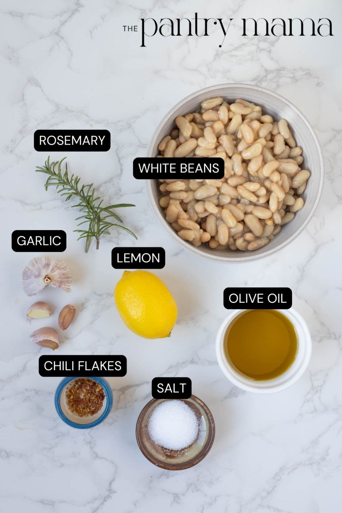 Labeled ingredients on counter for white bean dip.
