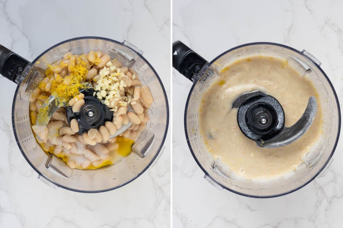 Two photos to show mixing ingredients in a food processor to make white bean dip.
