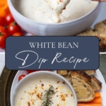 Two photos of white bean dip with text overlay for a Pinterest Pin image.