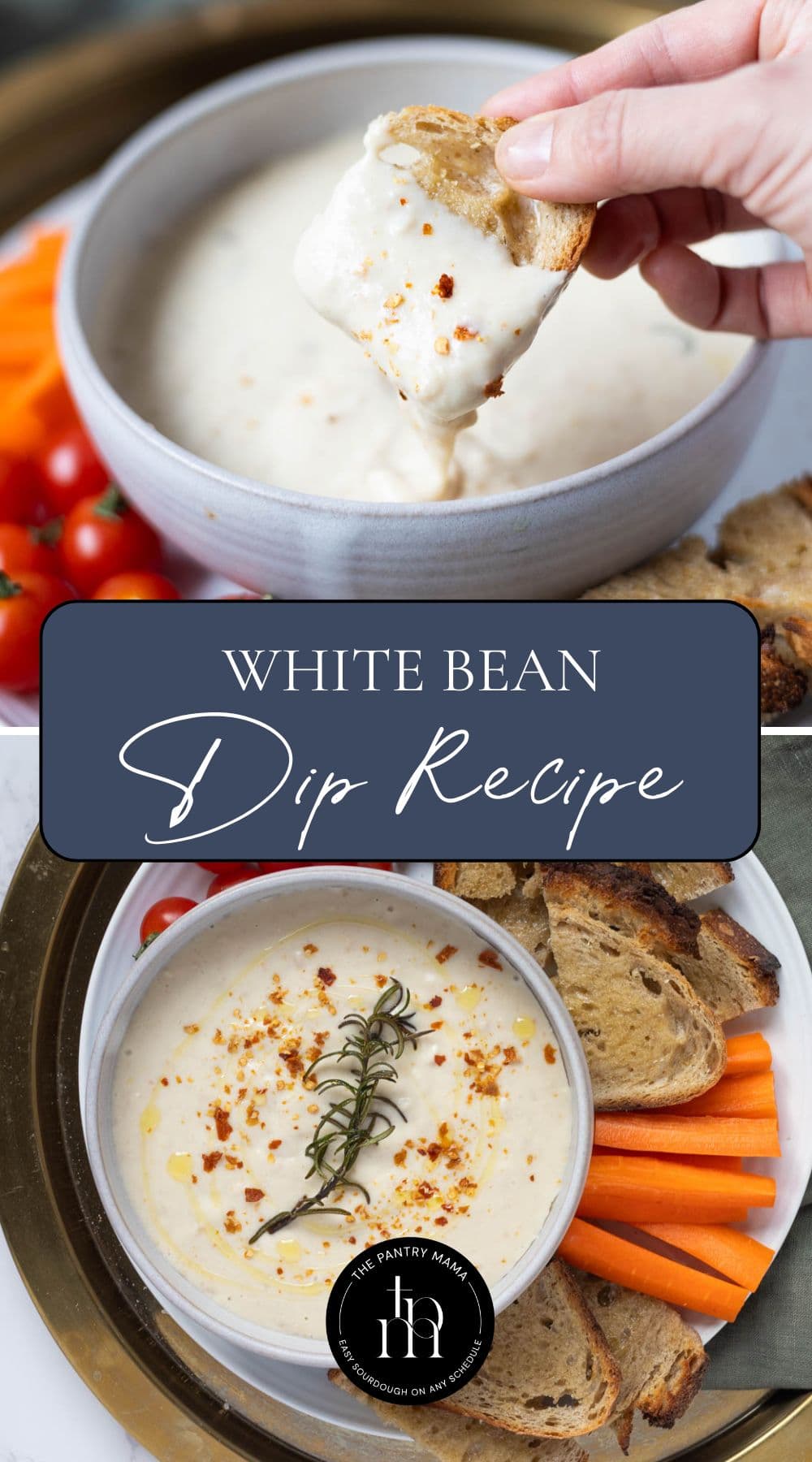 Two photos of white bean dip with text overlay for a Pinterest Pin image.