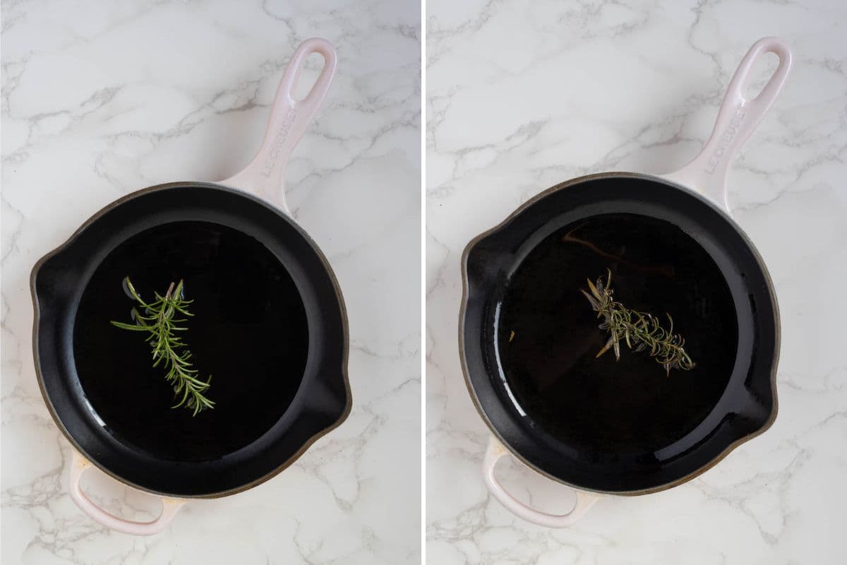 Two photos to show toasting a sprig of rosemary in a cast iron skillet.